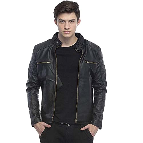 Leather Retail Mens Solid Designer Faux Leather Jacket Black(LRDEBL3X001_Black_3XL)