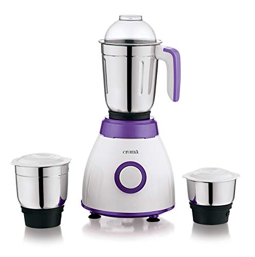 Croma 500W Mixer Grinder with 3 Stainless Steel Leak-proof Jars, 3 speed & Pulse function, 2 years warranty (CRAK4184, White & Purple)
